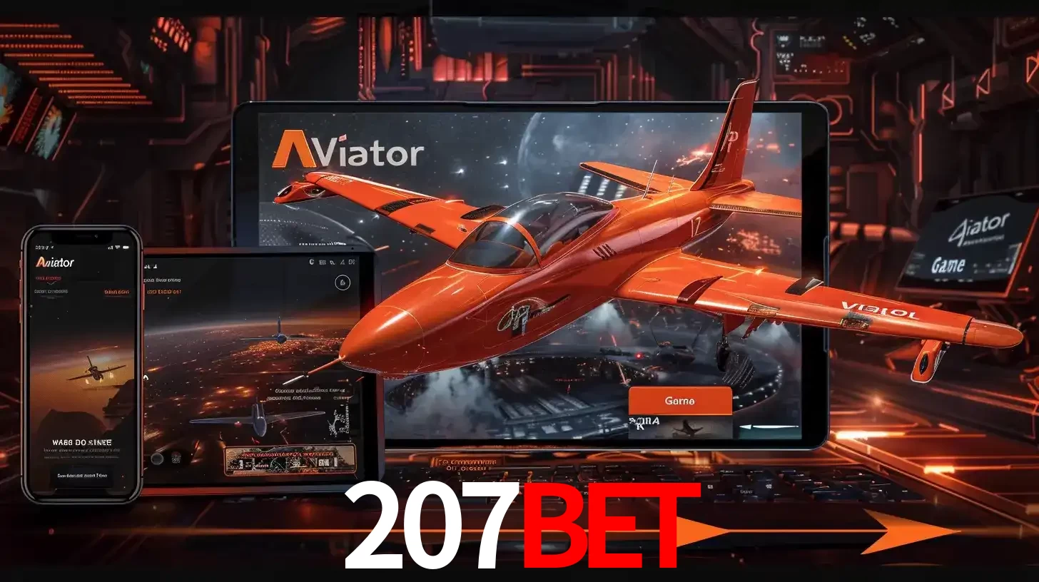 Apresentação tecnológica do jogo Aviator com um avião saindo da tela de um tablet, demonstrando a experiência imersiva em múltiplos dispositivos no 207bet.