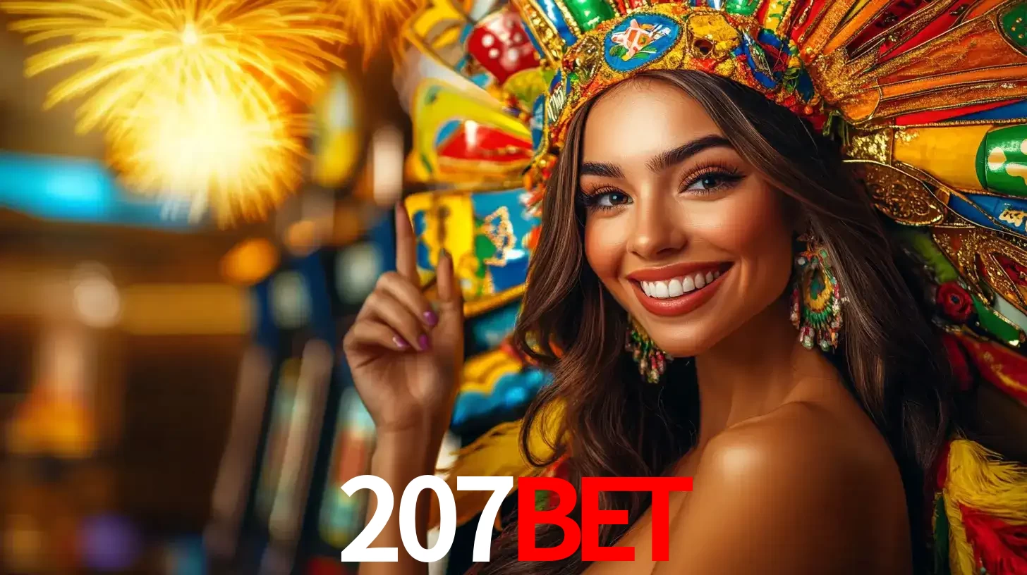 Mulher sorridente com um cocar de carnaval vibrante e colorido, celebrando uma grande vitória nos jogos do cassino 207bet com fogos de artifício ao fundo.