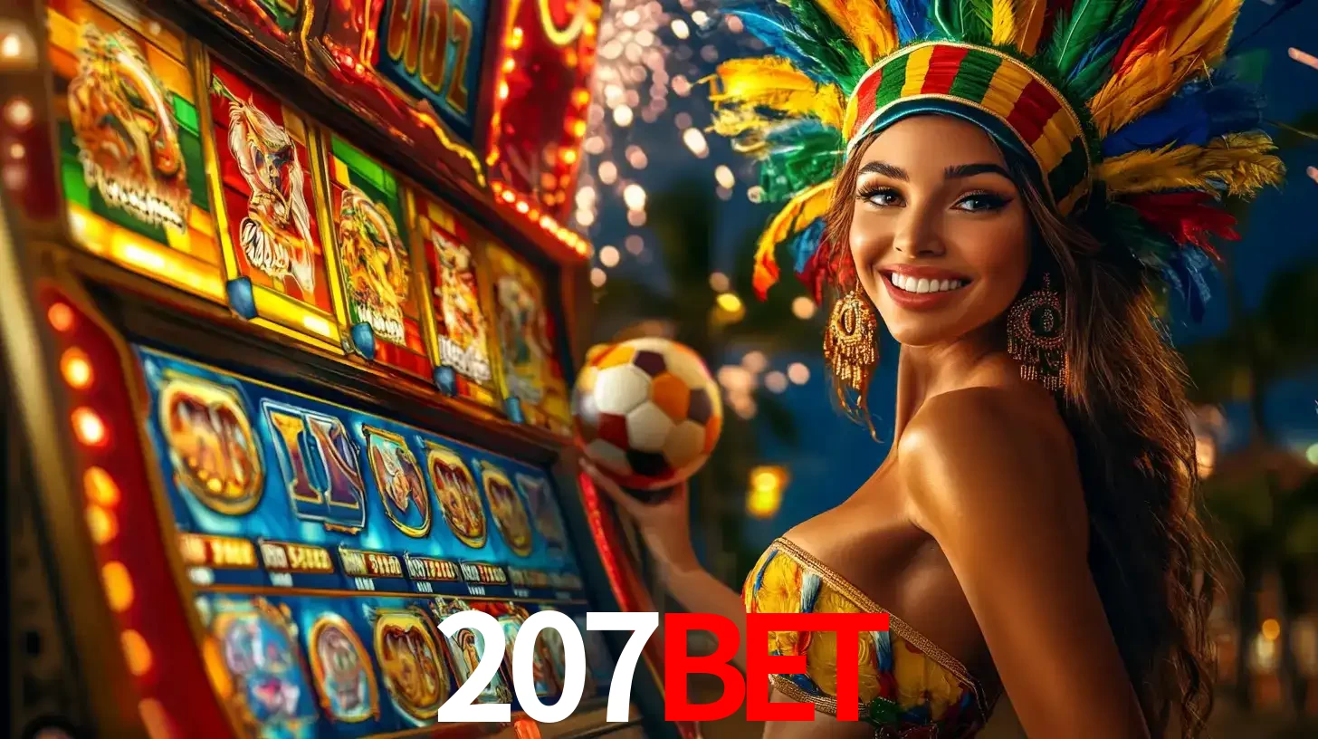 Mulher com um cocar de carnaval ao lado de uma máquina de caça-níqueis enquanto segura uma bola de futebol, mostrando a união da diversão de cassino e esportes no 207bet.