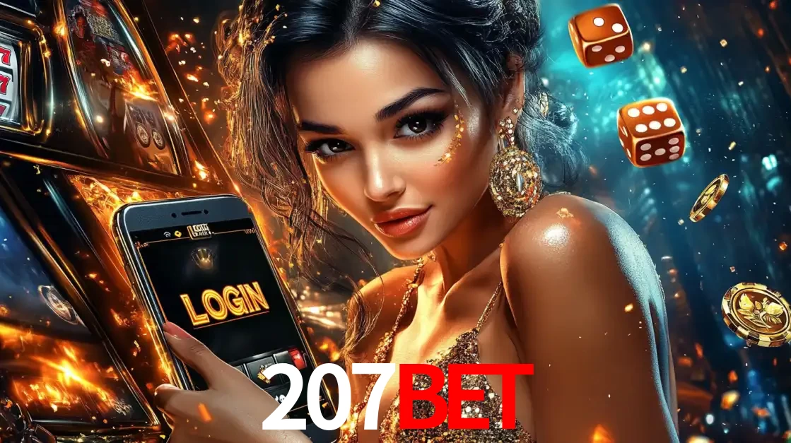 Mulher glamourosa segurando um celular com a tela de login do cassino 207bet, rodeada por dados e moedas douradas, pronta para começar a diversão.
