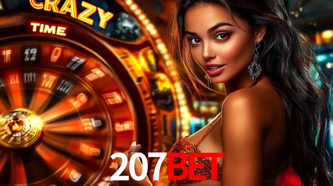 Mulher ao lado da roda de prêmios do jogo de cassino ao vivo Crazy Time, um dos shows de jogos mais emocionantes oferecidos pela plataforma de apostas 207bet.