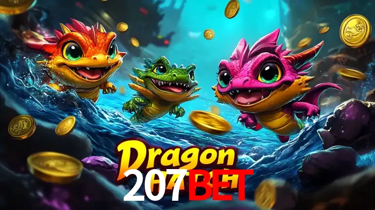 Arte promocional do jogo Dragon Hatch com três adoráveis dragões bebês nadando entre moedas de ouro, um dos slots mais divertidos para jogar no cassino 207bet.