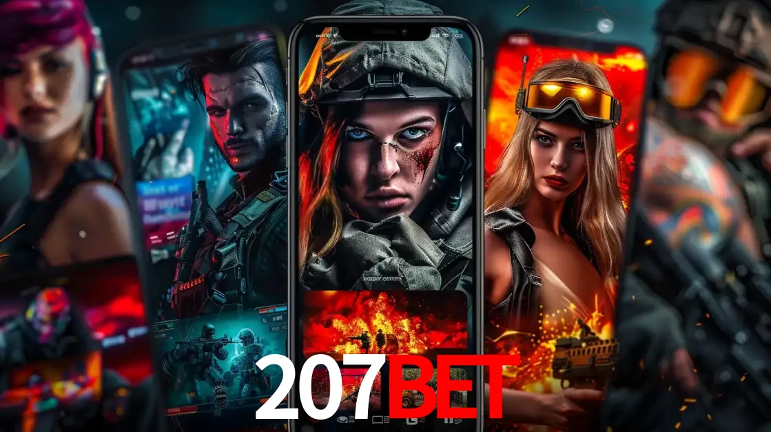 Montagem de telas de celular mostrando diversos personagens, masculinos e femininos, de um jogo de tiro, ilustrando a diversidade de equipes de e-sports para apostar no 207bet.