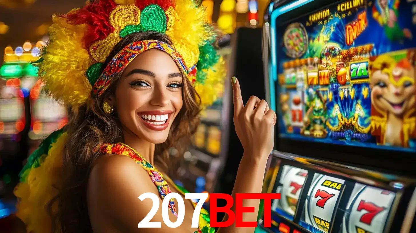Mulher animada com um cocar de carnaval apontando para uma máquina de caça-níqueis, mostrando a emoção de ganhar um grande prêmio nos jogos do 207bet.