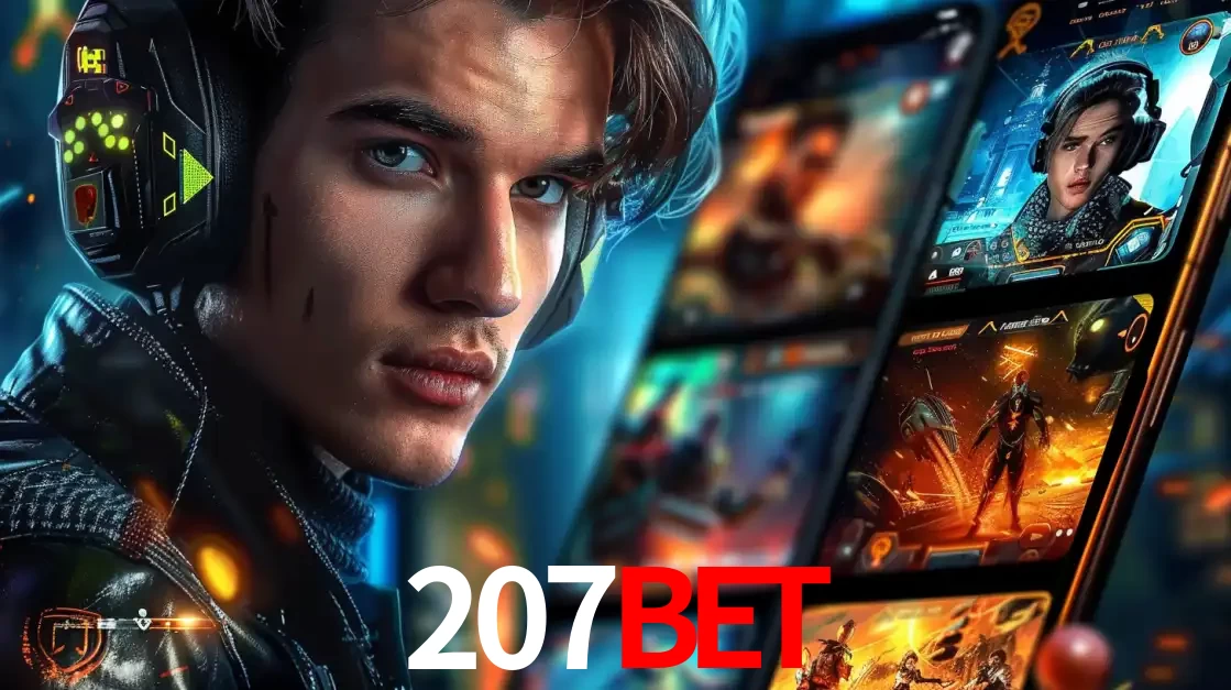 Jovem jogador com fones de ouvido olhando para a câmera, com um aplicativo de jogos e e-sports para celular ao fundo, pronto para a competição e apostas no 207bet.