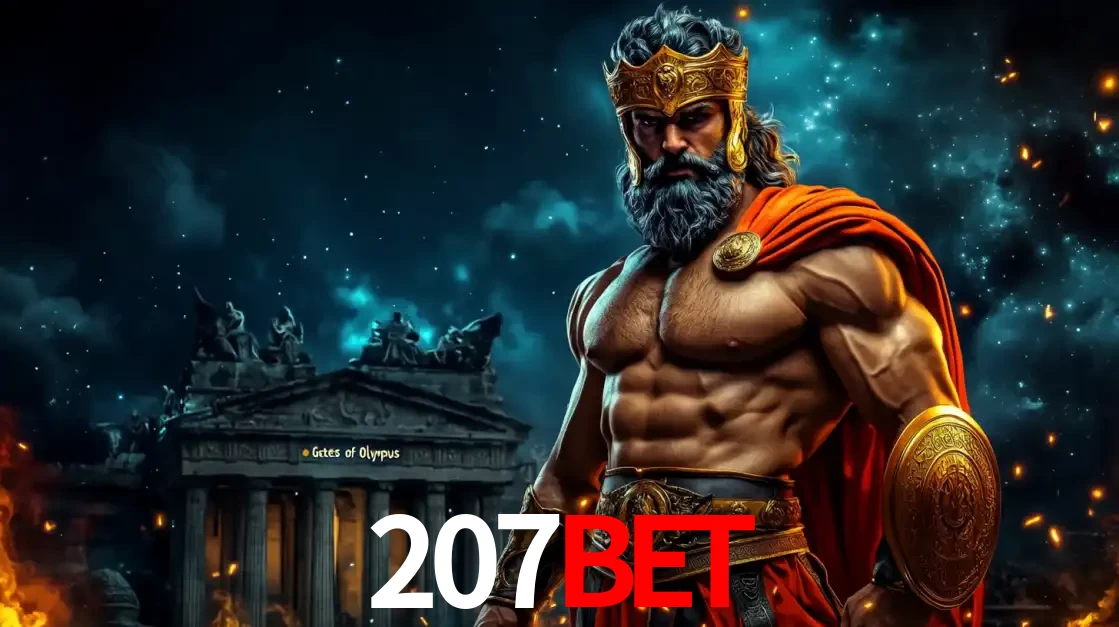 O poderoso Zeus do jogo de slot Gates of Olympus em frente ao seu templo, pronto para lançar multiplicadores divinos e prêmios épicos no cassino online 207bet.