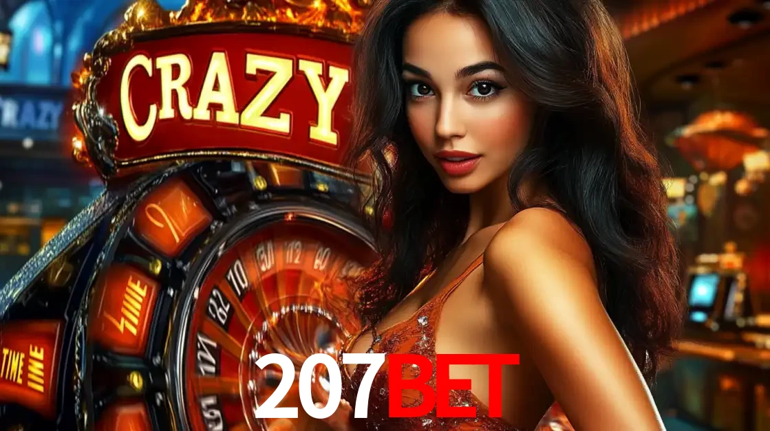 Mulher glamourosa olhando para a câmera com a roda vermelha do Crazy Time ao fundo em um ambiente de cassino, destacando a emoção dos jogos ao vivo no 207bet.