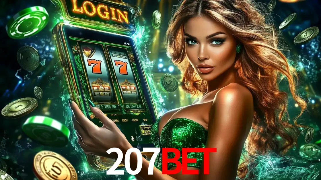 Mulher com tema verde apresentando o aplicativo do cassino 207bet com um jogo de slot de 777, cercada por fichas de cassino e uma aura de sorte.