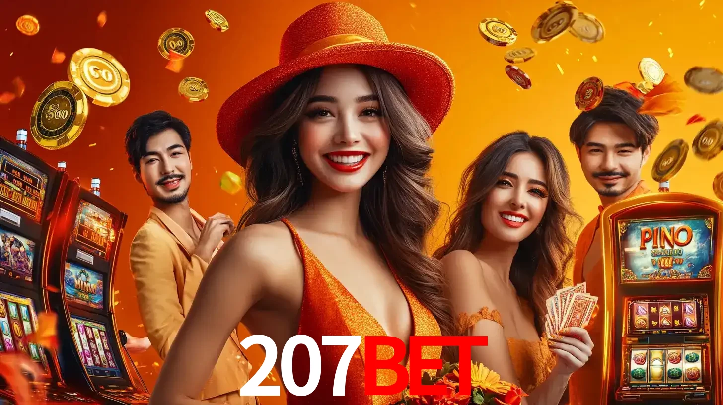 Grupo de amigos asiáticos sorrindo e se divertindo com máquinas de caça-níqueis em um ambiente festivo, celebrando suas vitórias nos jogos de cassino do 207bet.