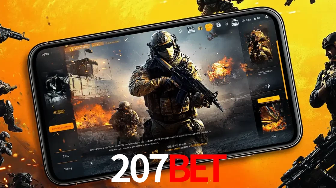 Um smartphone exibindo a interface de um jogo de tiro em primeira pessoa, com um soldado em um cenário de batalha, representando a ação dos e-sports para apostar no 207bet.