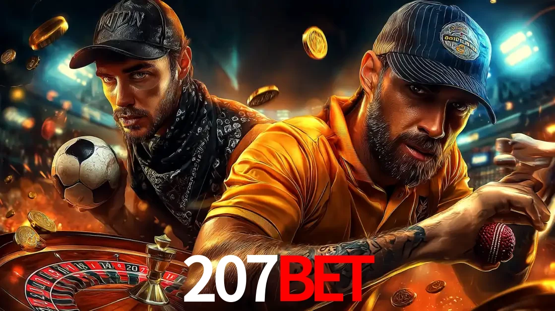 Montagem de apostas esportivas e cassino no 207bet, com um homem segurando uma bola de futebol e outro uma de beisebol sobre uma roleta e moedas voadoras.