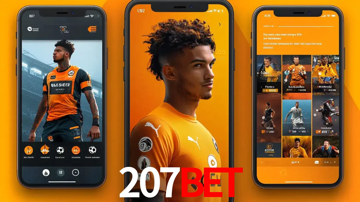 Interface do aplicativo de apostas esportivas 207bet em três telas de celular, mostrando o perfil de um jogador de futebol e a lista de jogos disponíveis para apostar.