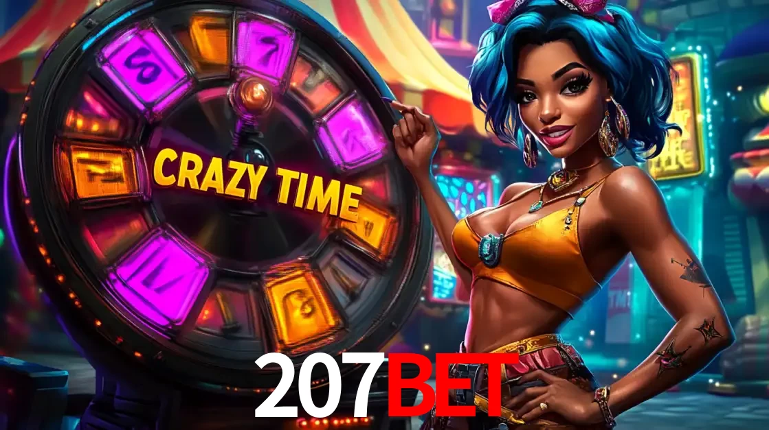 Mulher estilizada com cabelo azul e visual vibrante posando ao lado da roda de prêmios do game show Crazy Time, convidando para a diversão e os bônus do cassino 207bet.