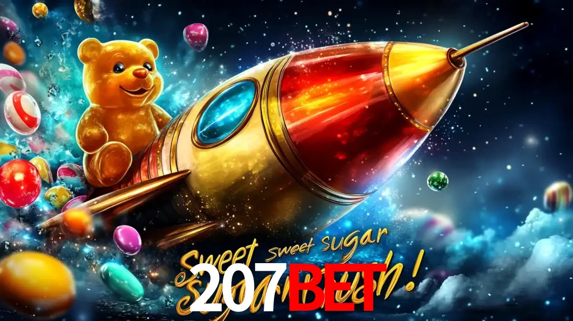 Arte promocional do jogo de slot Sugar Rush, com um urso de pelúcia em um foguete viajando pelo espaço de doces, um dos jogos divertidos disponíveis no cassino 207bet.