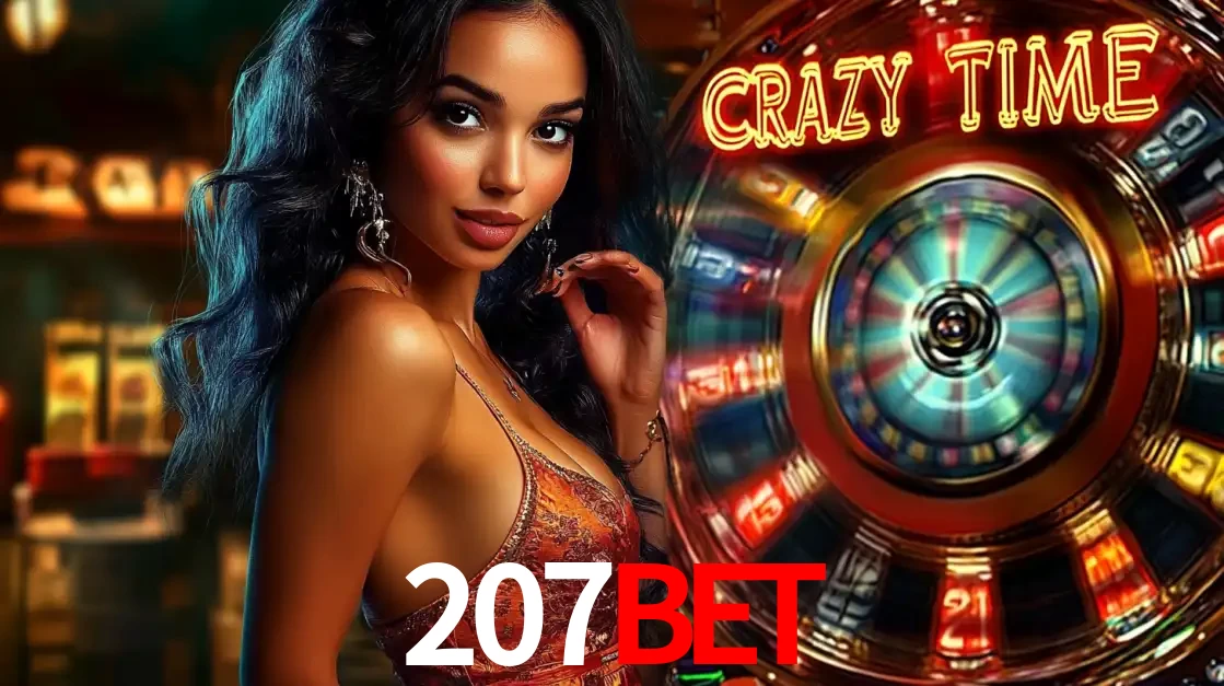 Mulher elegante ao lado da vibrante roda da fortuna do jogo de cassino ao vivo Crazy Time, um dos game shows mais populares e cheios de prêmios do 207bet.