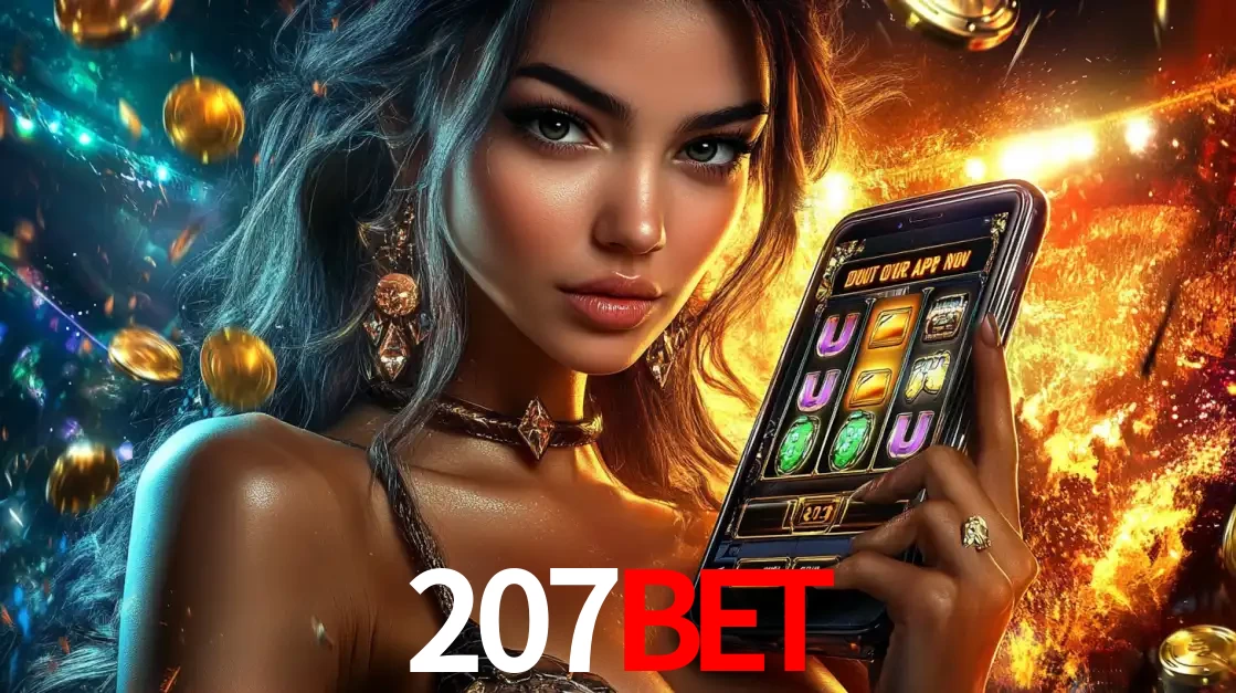 Mulher elegante mostrando um jogo de caça-níqueis em seu smartphone, destacando a experiência de cassino móvel oferecida pelo aplicativo 207bet.