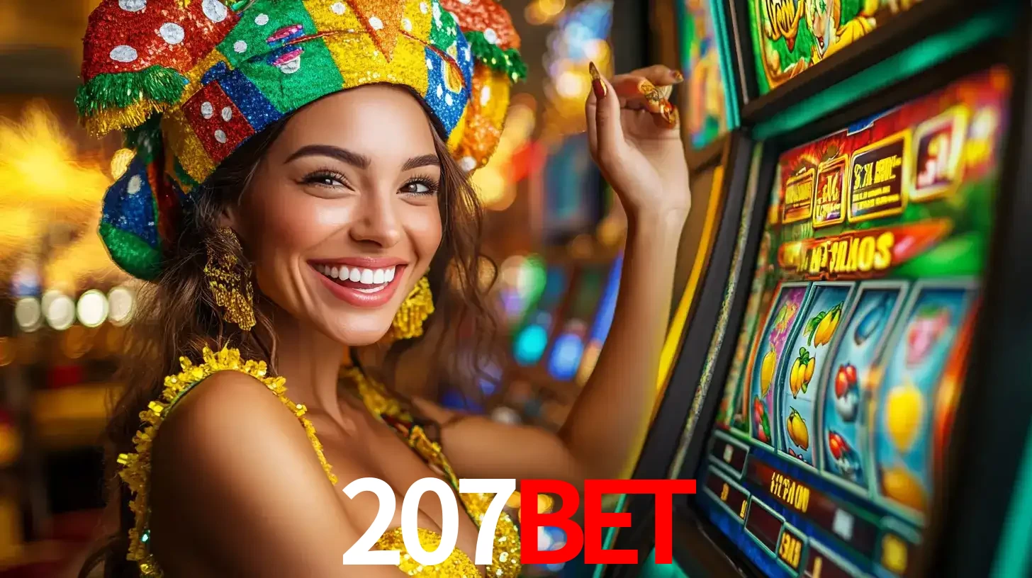 Mulher feliz com traje de carnaval amarelo e colorido ao lado de uma máquina de caça-níqueis, aproveitando a diversão e os jogos temáticos do cassino 207bet.