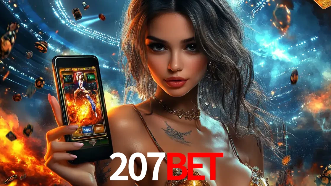 Mulher segurando um celular com um jogo de slot em destaque, tendo como fundo um estádio vibrante, simbolizando a emoção de jogar no cassino móvel 207bet.