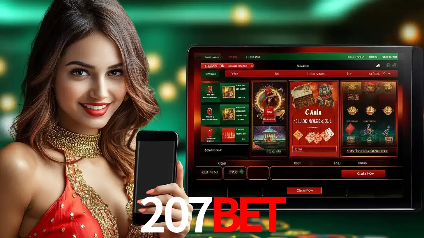 Mulher sorridente segurando um smartphone, ao lado de uma tela exibindo o lobby de jogos do cassino online 207bet, com várias opções de jogos de cartas e slots.